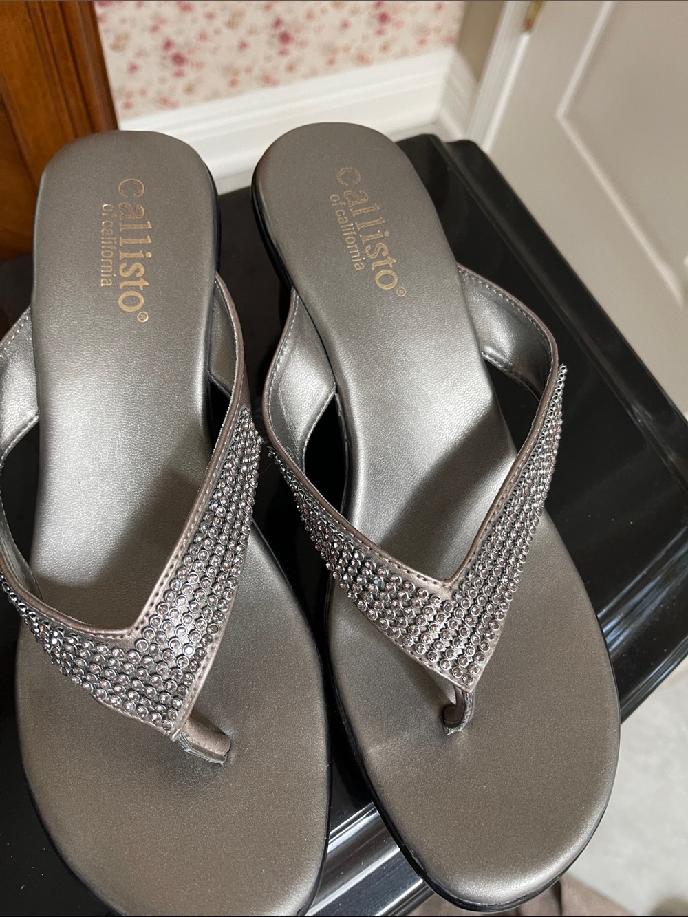 Callisto Silver Rhinestone Flip Flop Sandals